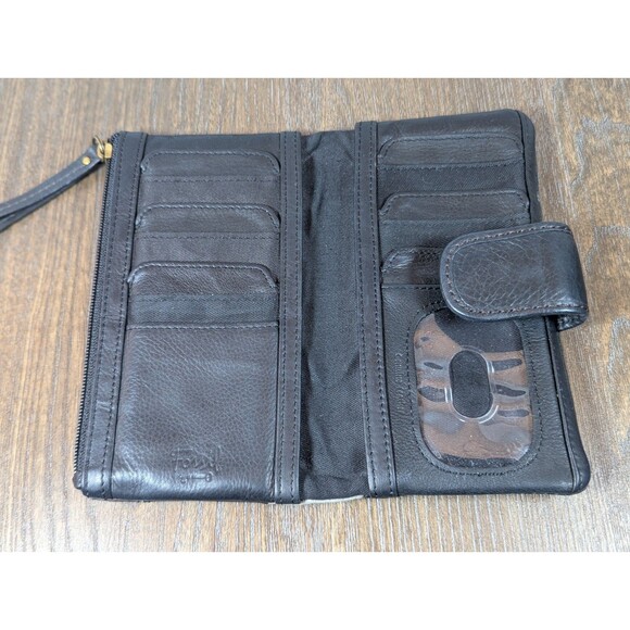 VTG Fossil Leather Wallet Black Gold Patchwork Studded Bi-fold Zip Snap Boho Y2K - Picture 11 of 14